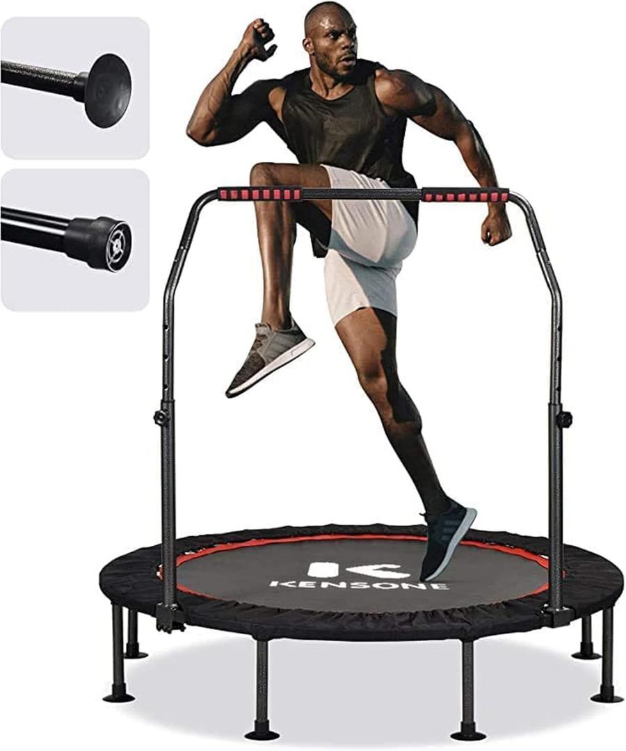 KENSONE 40"/48" Foldable Mini Trampoline, Indoor Trampoline for Kids, Adults Indoor/Garden Workout, Fitness Rebounder with Adjustable Foam Handle, Max Load 330/450 lbs (Large, 48" Black)