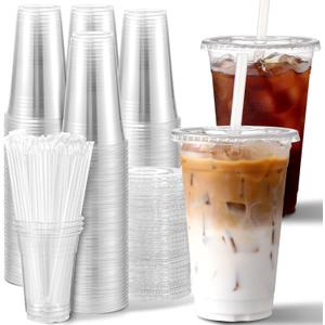 AOZITA 100 Pack, 16 Oz Plastic Cups With Lids and Straws, Iced Coffee Cups With Lids Disposable Clear Cups With Lids - for Iced Coffee, Smoothie, Milkshake and Cold Drinks
