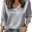 RICHSTORY Blouses for Women Dressy Casual V Neck Silk Satin Shirts Trendy 3/ 4 Length Sleeve Womens Tops Business Casual Outfits Professional Top Grey Medium