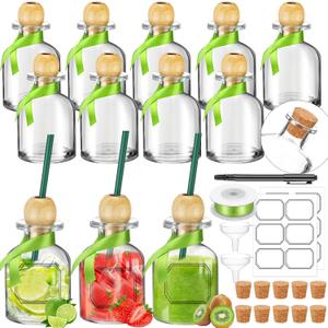 Hushee 12 Pcs 100 ml /3.3 oz Empty Patron Bottles with Straw Mini Tequila Bottles for Drinks Reusable Shot Glass Cups with Green Ribbon for Wedding Party Favor Personalized Decoration