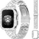 JR.DM Diamond Bands with Bling Case Women Compatible with Apple Watch 46mm Dressy Luxury Rhinestone Jewelry Metal Bracelet Wristband with Protector Cover for iWatch Series 11/10 Silver