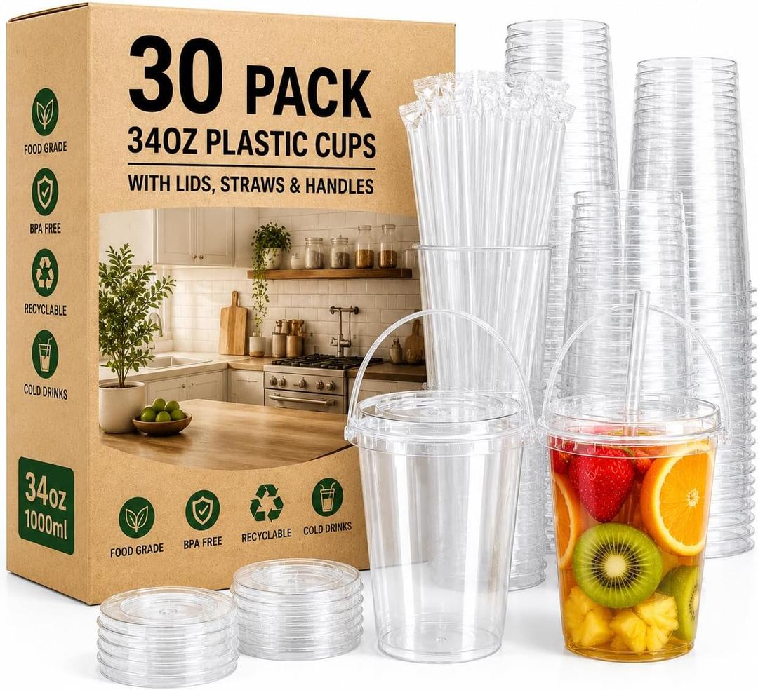 30 Sets 34 oz Drink Buckets with Lids and Straws, Reusable Clear Plastic Party Cups for Iced Coffee, Smoothies, Milkshakes, Sturdy & Durable Beverage Tubs for Lemonade, Pool and Beach Parties