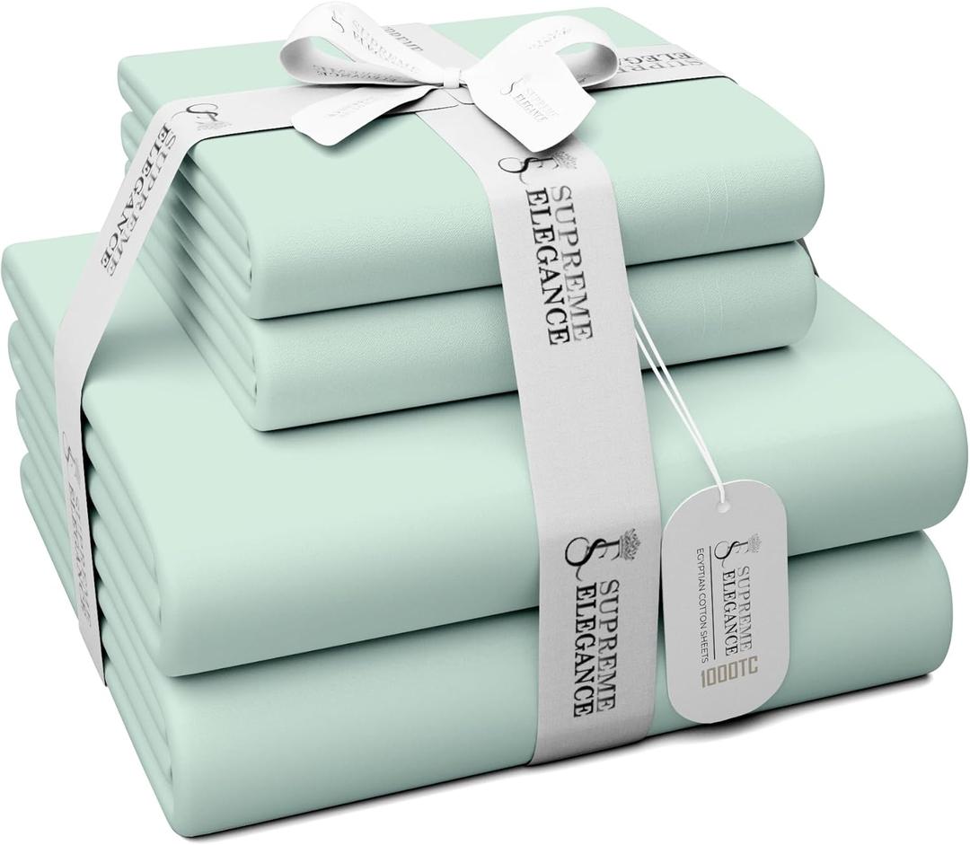 100% Egyptian Cotton Sheets Full Size, 1000 Thread Count Light Green Sheet Set, Sateen Weave, Wrinkle-resistant, Breathable, Soft & Silky, Egyptian Cotton Deep Pocket Sheets (Full, Light Green)