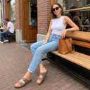 Cork Footbed Sandals Women, Comfortable Beach Double Buckle Slip-On with Genuine Suede Footbed & Memory Foam Arch Support Slides Flats for Women Footwear