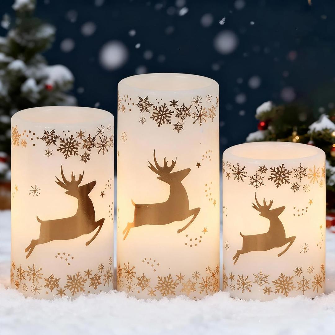 Golden Reindeer Christmas Candles with 6H Timer, Real Wax LED Candles Flameless Flickering, Battery Operated Candle Pillar for Home Dcor Christmas Decorations Gifts, 3x4/5/6 inches