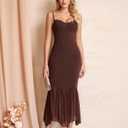 KUTUMAI Women Bodycon Long Formal Dress Asymmetric Hem Lace Neck Wedding Guest Cocktail Maxi Dresses Brown M (Brown, S)