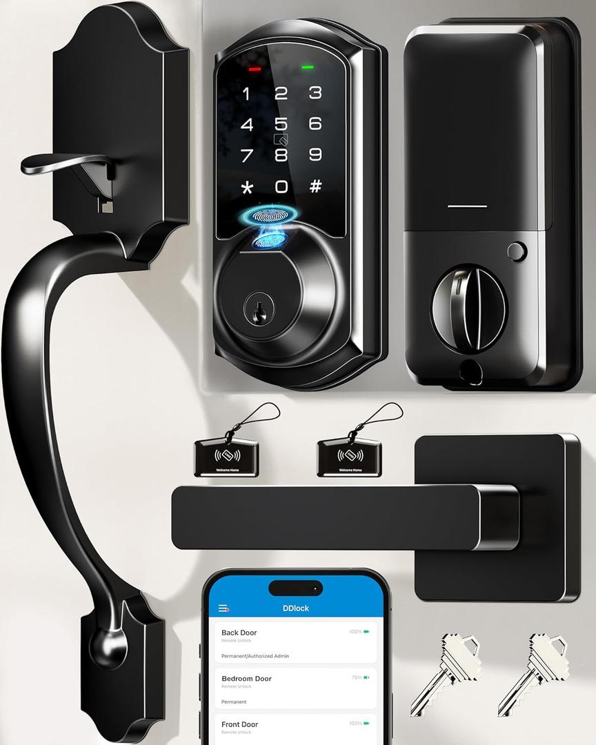 Veise VE07-H Fingerprint Smart Lock for Front Door Handle Set, Matte Black | App Control, 0.3s Fingerprint Unlock, 8-in-1 Unlock, Keyless Entry Keypad Deadbolt, 250+ Codes, Touchscreen, Auto Lock