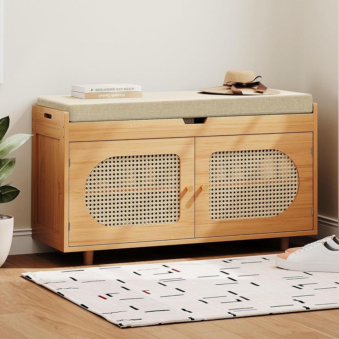 Rattan Shoe Storage Bench, 35.4" Bamboo Entryway Bench, 2-Tier Shoe Rack with 2 Doors & Padded Seat Cushion for Entryway, Living Room, Bedroom