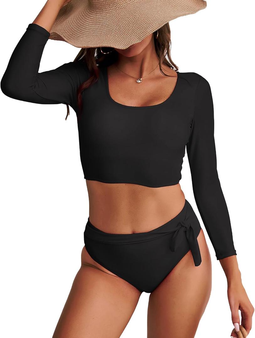 Womens Two Piece Swimsuits High Waisted Bikini Set Rash Guard Bathing Suit Long Sleeve Swimwear Crop Top Teen Girls (Medium)