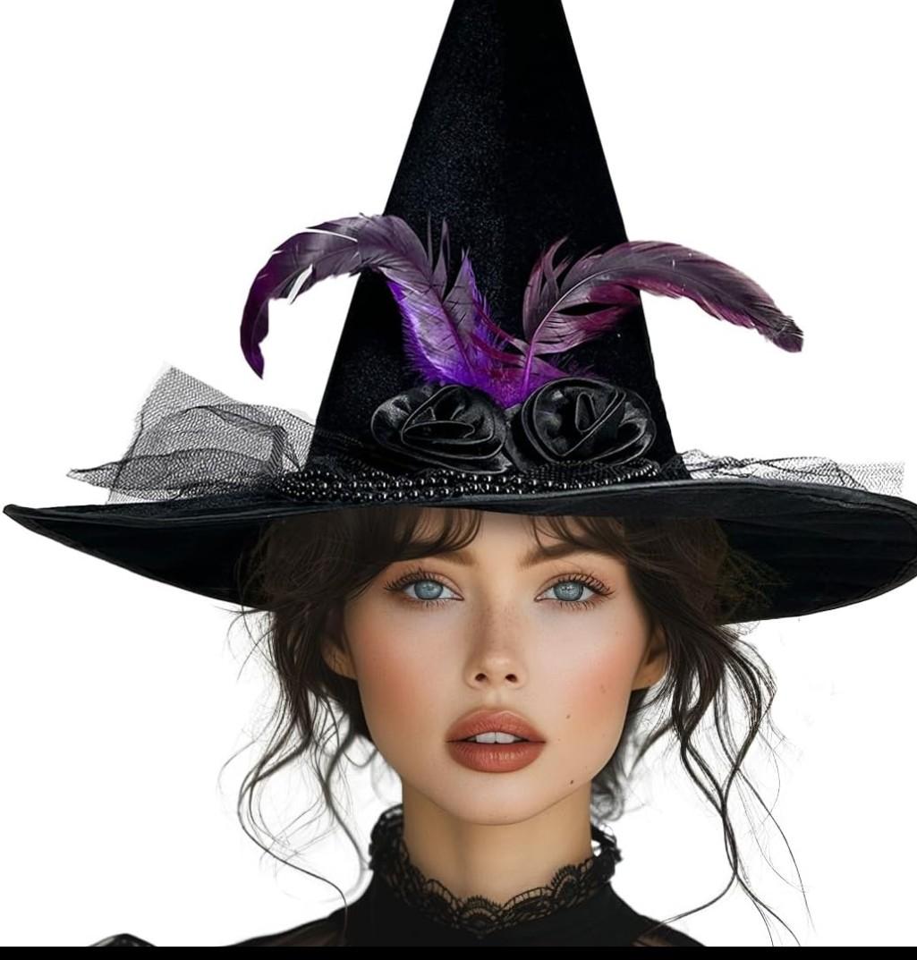 Halloween Black Witch Hats for Witch Costume women - Large Black Velvet Witch Hat with Purple Feathers and Choker Necklace, Great Accessories for Witches Costume for Adult Women