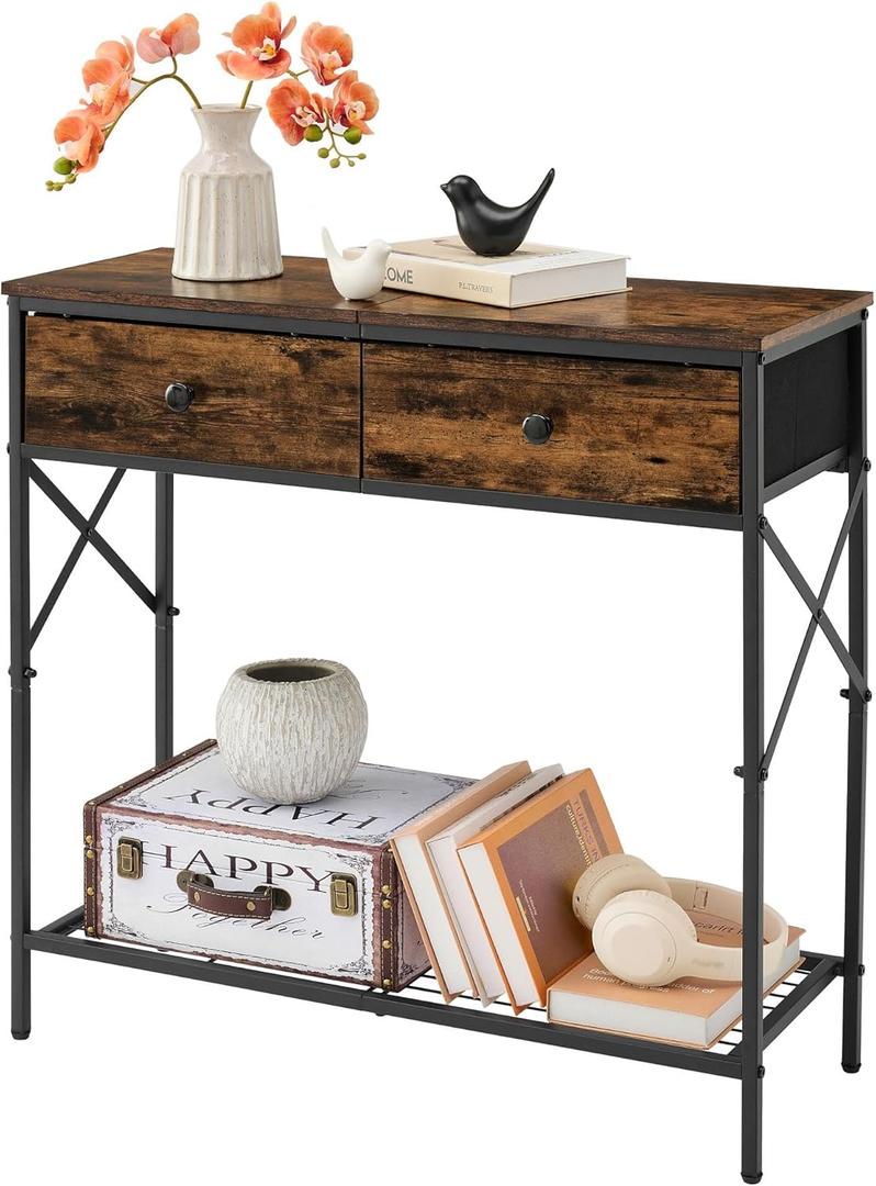 Tajsoon 31.5" Console Table with 2 Fabric Drawers, 2-Tier Small Entryway Table with Storage Shelves, Narrow Long Sofa Table for Entry Way, Hallway, Living Room, Kitchen, Rustic Brown