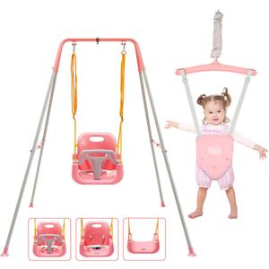 FUNLIO 2 in 1 Swing Set for Toddler & Baby Jumper, Heavy Duty Kids Swing & Bouncer with 4 Sandbags, Foldable Metal Stand for Indoor/Outdoor Play, Easy to Assemble and Store - Pink