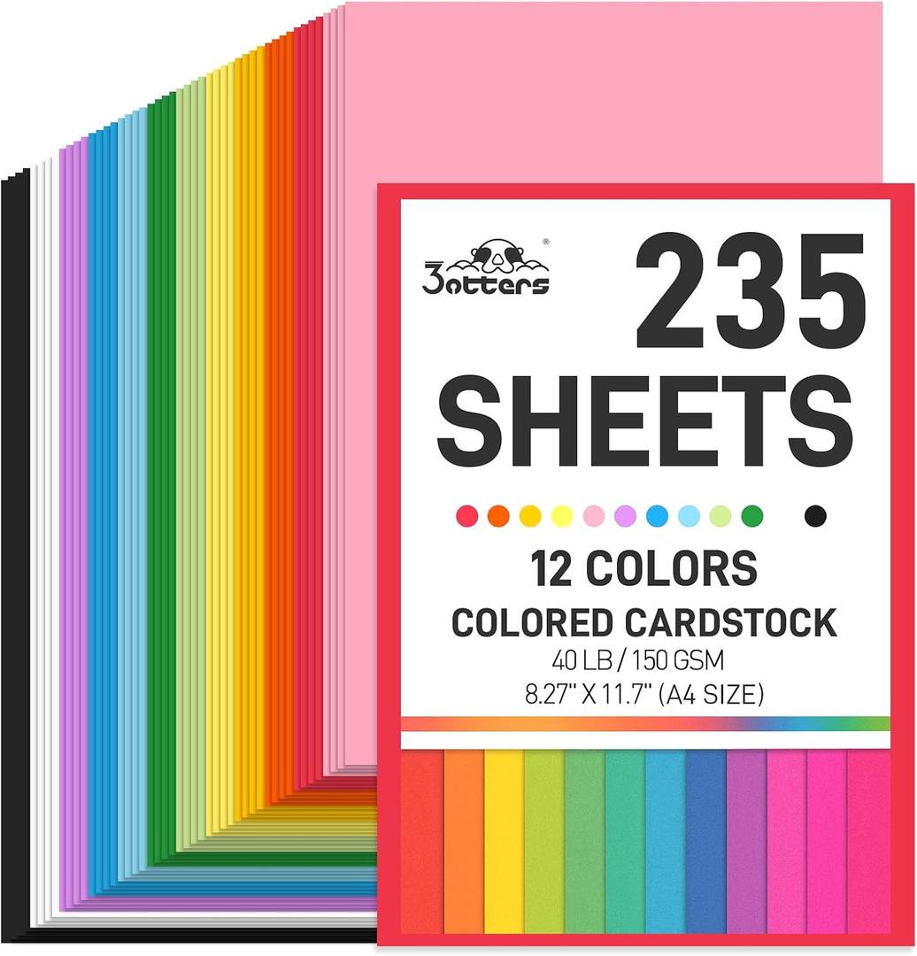 3 otters 235Sheets 8.27" x 11.7" Construction Paper Assorted Colors, 12 Colored Cardstock Printer Paper, for Printing, DIY Crafts, Party Decorations, Teacher Kids Classroom Must Have, 40 lb/150 GSM