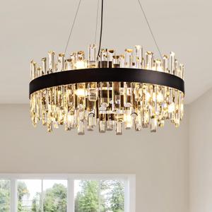 CROSSIO 12-Light Modern Crystal Chandelier for Dining Room, Black Round Flush Mount Ceiling Light, Luxury 2-Tiers K9 Crystal Raindrop Chandelier for Living Room Entryway Foyer Bathroom D23.6''