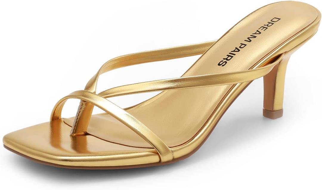 DREAM PAIRS Heels for Women Flip Flops Kitten Low Heels Open Square Toe Thong Heeled Sandals, Sexy Fashion Comfort Shoes for Party Casual Slides (6, Gold)