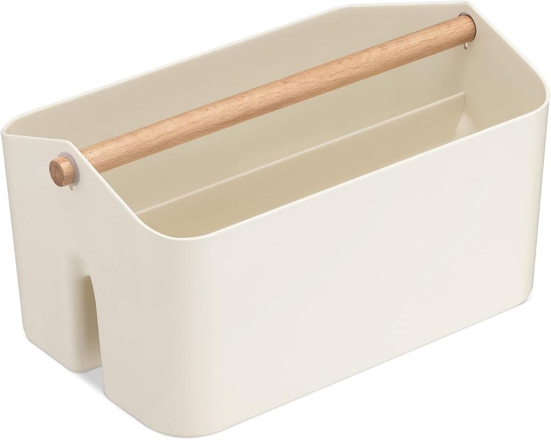 Navaris Organizer Caddy with Wood Handle - Storage Holder with 2 Compartments for Makeup Nursery Desk Bathroom 10.4" x 6.5" x 5.9" - Cream Navaris Organizer Caddy with Wood Handle - Storage Holder with 2 Compartments for Makeup Nursery Desk Bathroom 10.4" x 6.5" x 5.9" - Cream