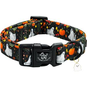 Elegant little tail Halloween Dog Collar, Pumpkin with Ghost Print Black Halloween Pet Collars Cotton Soft Sturdy Puppy Collars Holiday Female Adjustable Collar for Large Dogs (Large (Pack of 1))