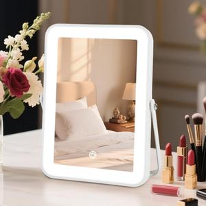 Rechargeable LED Vanity Mirror with Lights, 10"x7" Small Lighted Makeup Mirror, Portable Travel Desk Mirror, 3-Color Lighting, for Dorm, Bedroom, Gifts for Women (White)