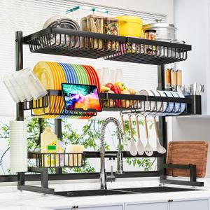 ADBIU Over The Sink Dish Drying Rack (Expandable Height and Length) Snap-On Design 2 Tier Large Dish Rack 31-39.4L x 12W x 34-38H inches (Black)