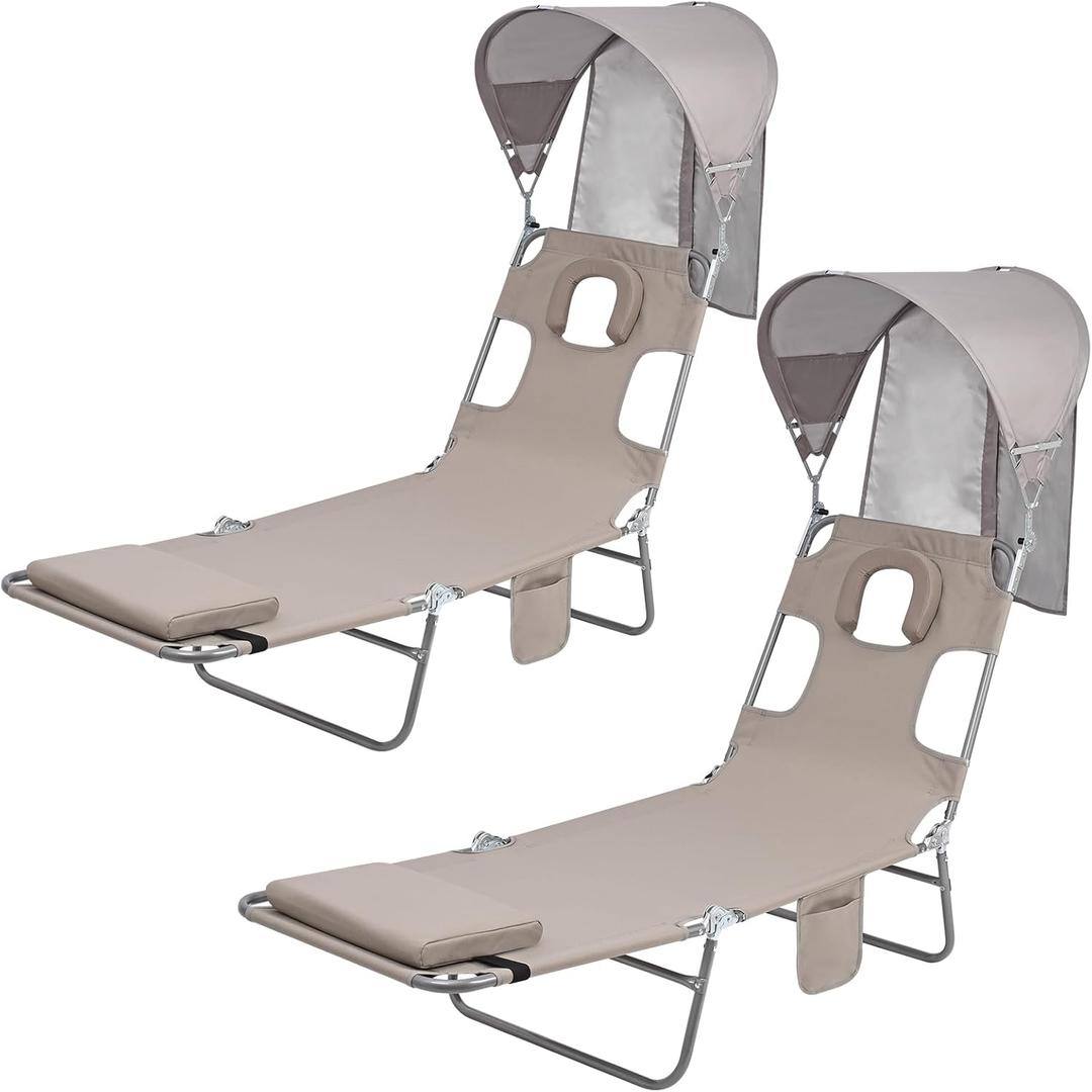 Backpack Beach Tanning Chair with Canopy Sun Shade & Face Hole, 6 Position Folding Lounge Sun Chair for Adults Outside Reading Sunbathing Poolside Camping Lawn, UPF 50+, 2 Pack, Patent Design (Beige)