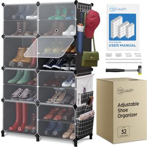 Shoe Organizer Cabinet Up to 32 Pairs, Shoe Closet-Covered Shoe Rack with See-Through Door (Clear, Plastic, Stackable) Cubby Portable Shoe Organizer with Covers, Hooks & Pockets, Black