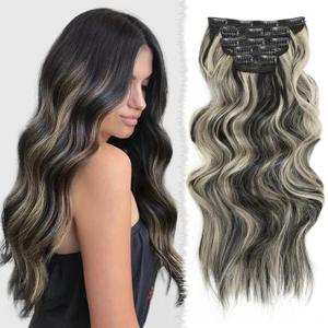 Clip in Hair Extensions Long Wavy Hair Extension Clip ins 5Pcs 20 Inch Black mix Blonde Synthetic Thick Hairpieces for Women (P2/22A-Black mx Blonde)