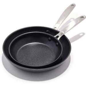 OXO Enhanced 8" and 10" Frying Pan Skillet Set, Healthy Ceramic Nonstick, PFAS-Free, Stainless Steel Handle, Dishwasher Safe, Oven Safe, Black
