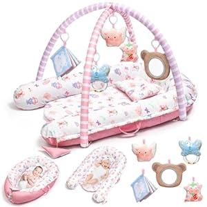 Baby Play Mat, 7-in-1 Infant Gym Mat for Sensory and Motor Development, Washable & Portable Newborn Tummy Time Activity Mat for Home & Travel, Babies Gift for 0-3-6-9-12-18 Months (Blue)