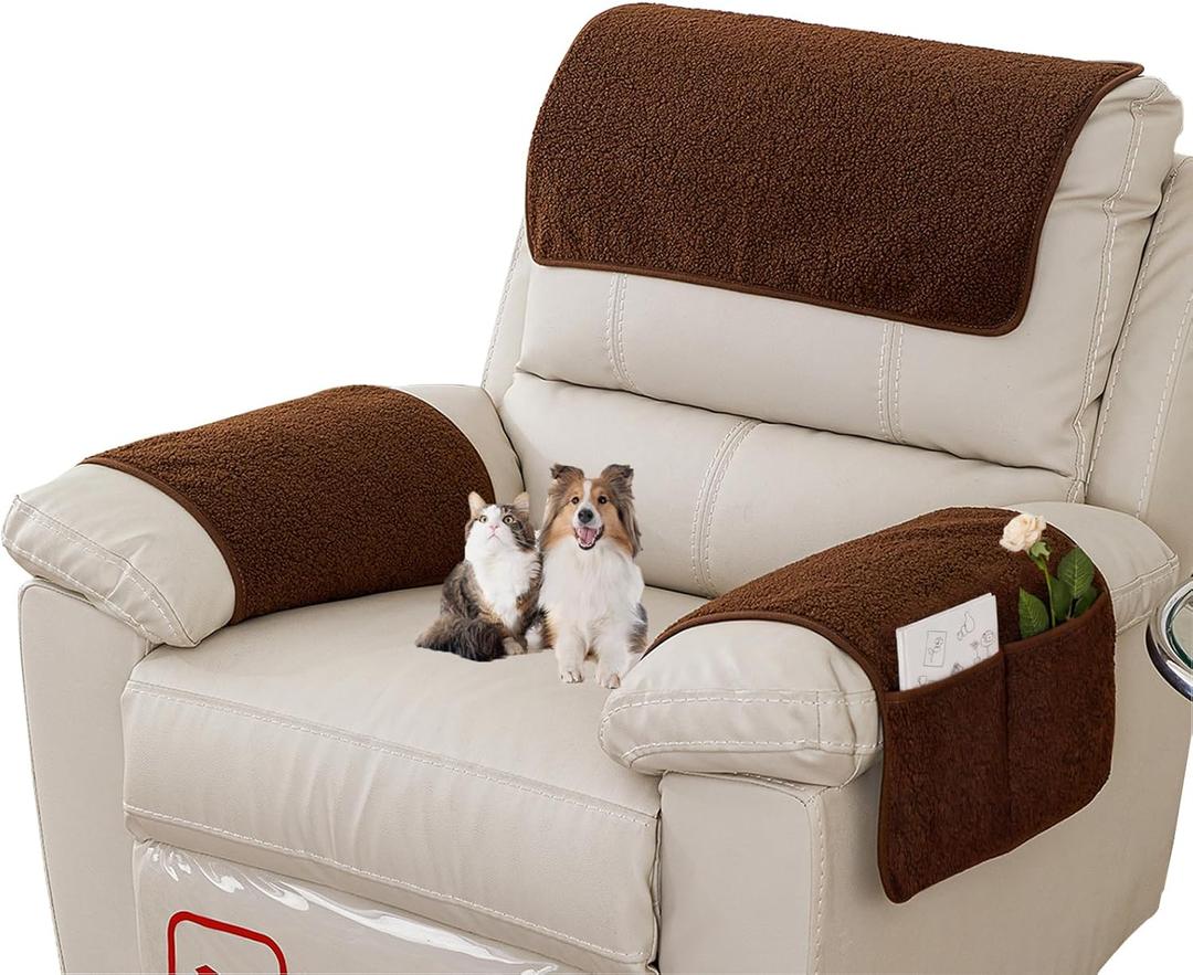 Armrest Covers - Arm Chair Covers Set of 3 Recliner Chair Covers, with Pockets Stretch Arm Rest Cover Non-Slip Armchair Protector Cover for Tv Armchair Chair Sofa,Washable (Brown 22.5x15 in)