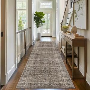 2.6x8 Brown Grey Vintage Washable Runner Rugs for Hallway Kitchen Boho Hallway Carpet Low Pile Non-Slip Retro Distressed Accent Throw Rug for Entryway Bathroom Bedroom