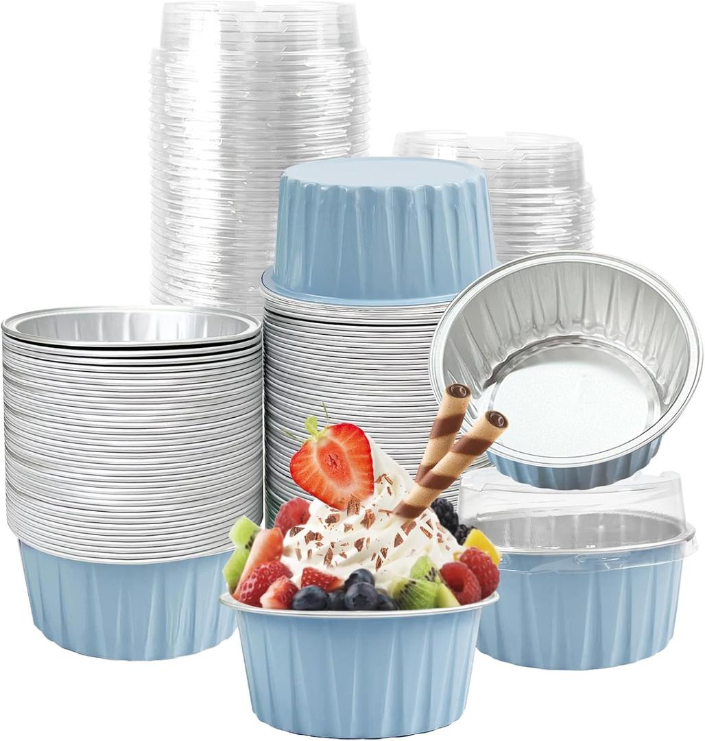 100Pcs Aluminum Cups with Lids,5oz Disposable Ramekin Baking Cups Muffin Liners Mini Pie Pans Foil Cupcake Containers for Christmas Party Wedding Party,Sky Blue