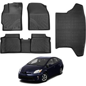 Floor Mats & Cargo Liner Compatible with Toyota Prius 2010-2015(Not fit Plug in,V or C), All Weather Protection TPE Carpet Rubber Custom Fit Car Accessories Full Set, Black