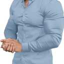 Mens Muscle Fit Dress Shirts Athletic Slim Fit Long Sleeve Stretch Casual Button Down Shirt (Blue, L)