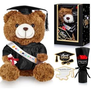 Vertintong Graduation Bear Gifts Set Include Stuffed Animal Bear with Gown Cap Tassel Class of 2025 Grad Card Soap Artificial Flower Box with Window Graduation Gift for Him Her(Black)