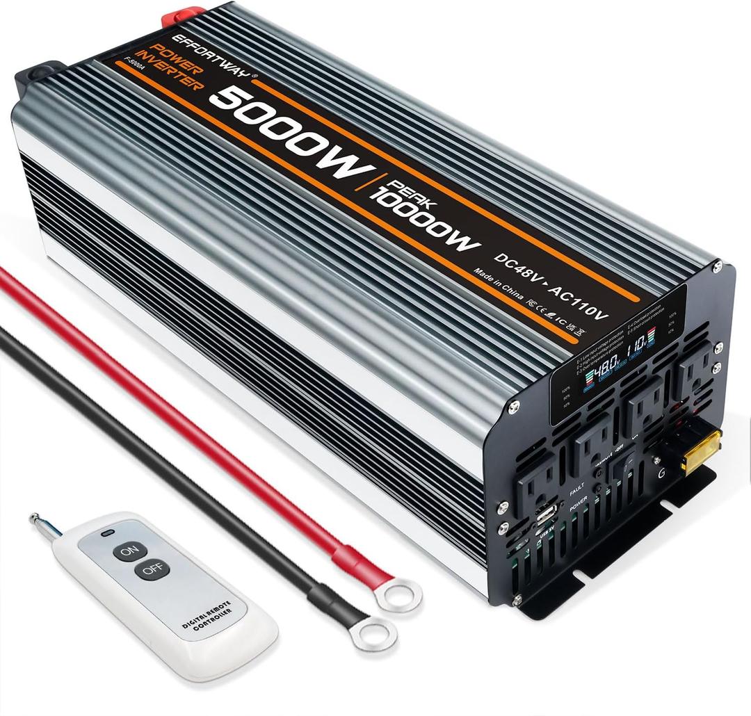 Power Inverter DC 48V to AC 110V/120V Converter with LCD Display, Wireless Controller, Cable Pair,AC outlets USB.RV Travel,Suitable for Camping,and Off-Grid Solar Systems (5000w -48v)