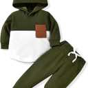 Toddler Boy Fall Winter Clothes Waffle Hooded Sweatshirt Tops Pant Outfit Color Block Long Sleeve Clothing (3-4T, Army Green)