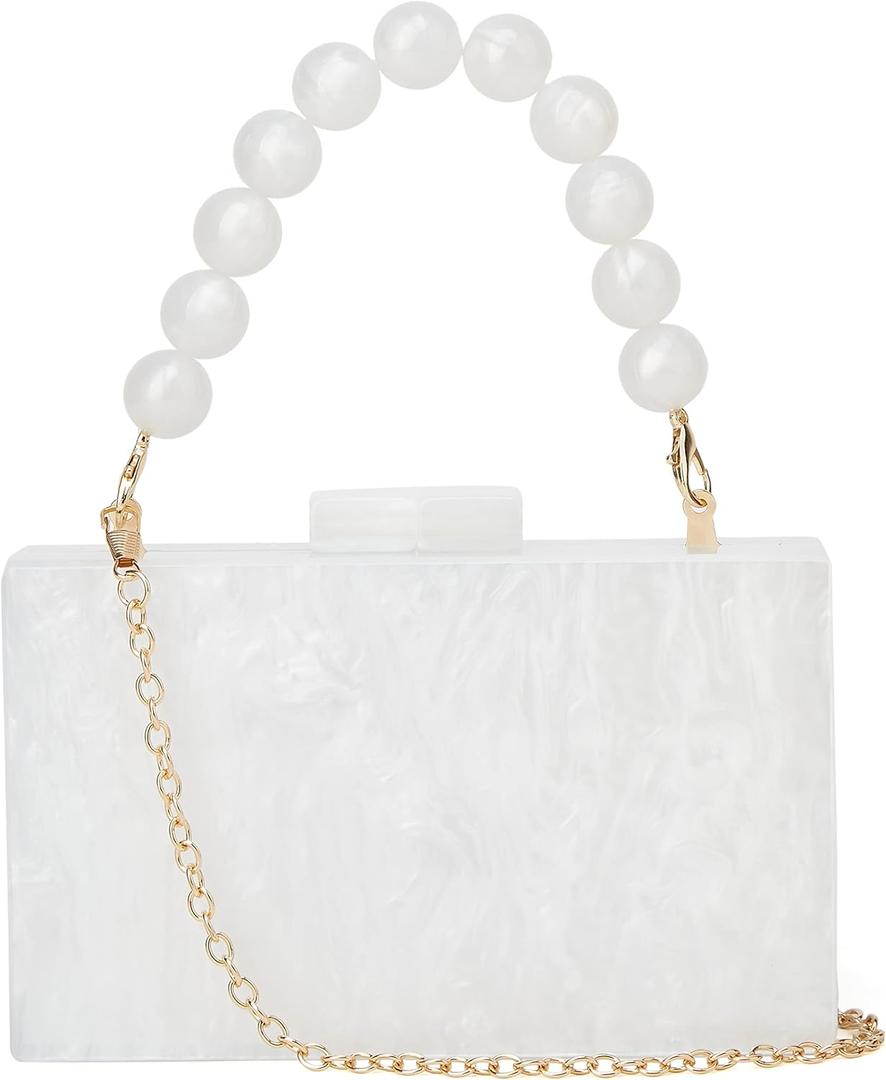 URAWOW Acrylic Evening Handbag Beads Bag for Women Graceful Shoulder Bag Satchel Marble Clutch Purses for Wedding Party (Z03-white)