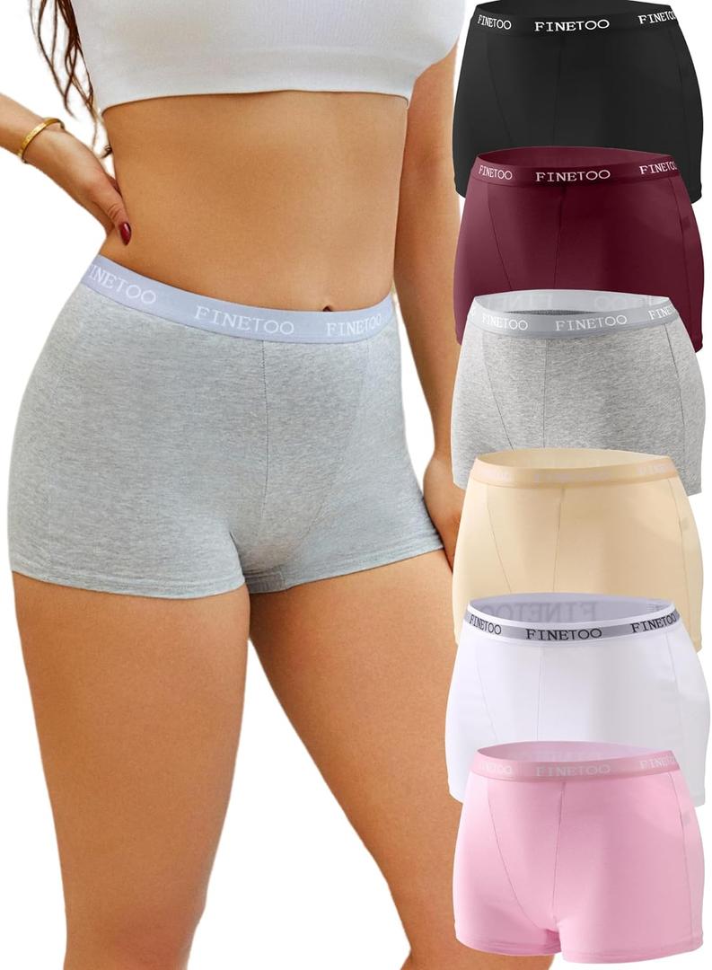 FINETOO Womens Cotton Boy Shorts Underwear Full Coverage Soft Boxer Briefs High Waisted Panties for Lady Girls 6 Pack M (Black&grape Purple&ash Gray&white&pink&beige)