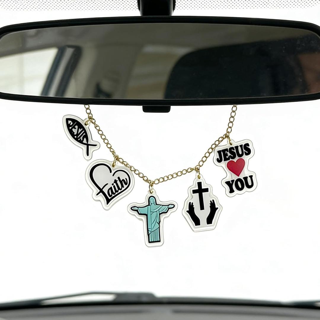 Cross Jesus Rearview Car Mirror Charm Chain Accessorie,Gold Rearview Charms,Christian Cars Rear View Hanging Pendant Ornament,Cross Gifts for Women Men Mom Religious Car Interior Decor