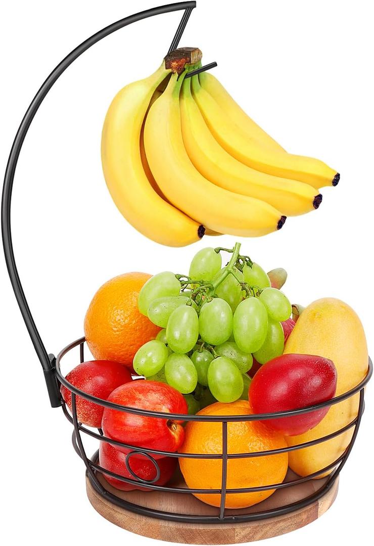 Livabber Countertop Fruit Basket Bowl with Banana Hanger, Modern Standing Fruit Vegetable Bowl Storage, with Banana Tree Holder for Kitchen Dinning Table (Round Wood, Black) Livabber Countertop Fruit Basket Bowl with Banana Hanger, Modern Standing Fruit Vegetable Bowl Storage, with Banana Tree Holder for Kitchen Dinning Table (Round Wood, Black)
