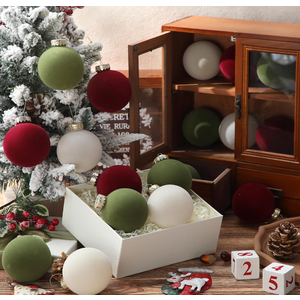 Gemscream 18 Pcs Red Velvet Christmas Balls Bulk 3.15 Inch Dark Green Flocked Christmas Tree Ball Ornaments, Plastic Xmas Decorative Shatterproof Hanging Ornaments Bulb Set Loop for Party Holiday
