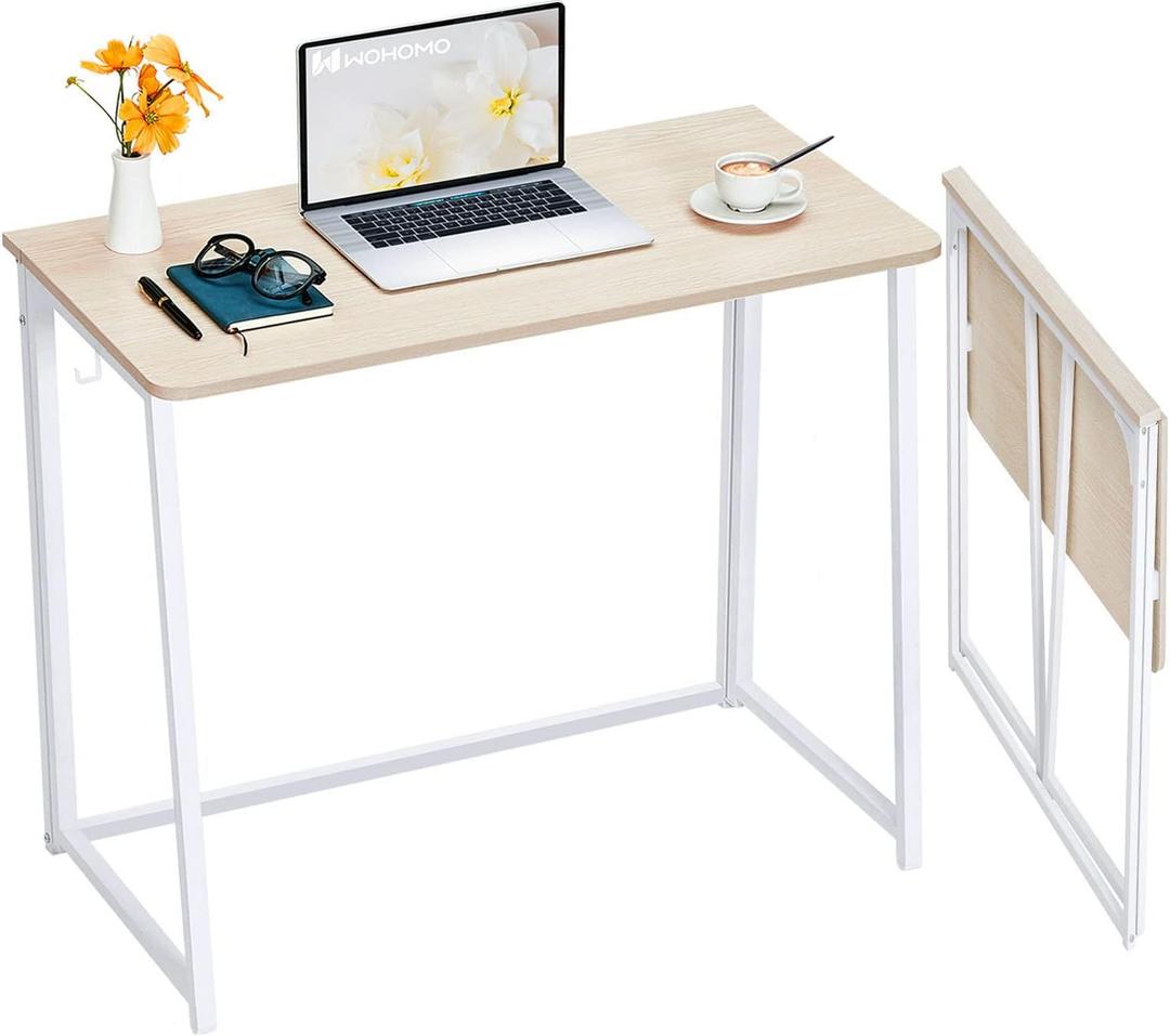 WOHOMO Folding Desk, Small Foldable Desk 39.4" for Small Spaces, Space Saving Computer Table Writing Workstation for Home Office, Easy Assembly, Oak (Large Size:39.4 x 15.7, Beige)