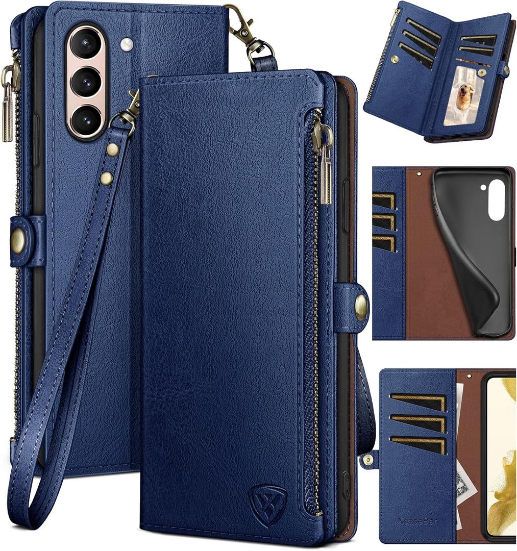 XcaseBar for Samsung Galaxy S21 Wallet case with Zipper Credit Card HolderRFID Blocking, Flip Folio Book PU Leather Phone case Shockproof Cover Women Men for Samsung S21 case Blue