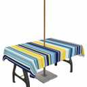 Blue Yellow Teal Stripes Rectangle Outdoor Tablecloth with Umbrella Hole and Zipper, Waterproof Colorful Ombre Table Cloth Cover, Geometric Boho Texture Table Protector for Patio Party Picnic 52"x70"