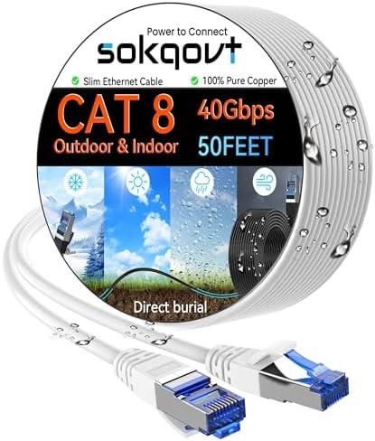 Sokqovt Cat 8 Ethernet Cable Slim 50ft Outdoor & Indoor, Pure Copper Cat8 Internet Cable for Waterproof & Direct Burial, Flexible Cat8 Ethernet Cable 40G 2000MHZ, Cat 8 Network Cable for Indoor White