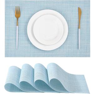 Leetaltree Soft Sky Blue Woven Placemats Set of 4 - Heat Resistant Non-Slip Place mats for Dining Table, Washable Durable PVC Vinyl Woven Table Mats(Sky Blue, 4)