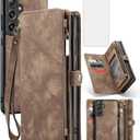 Asuwish Phone Case for Samsung Galaxy S24 5G Zipper Wallet Magnetic Detachable Cover with Tempered Glass Screen Protector and PU Leather Flip Card Holder Cell Accessories S 24 24S G5 Women Men Brown