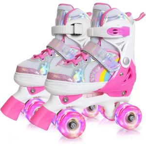 Nattork Kids Roller Skates for Boys Girls, Adjustable Quad Skates for Kids with Light up Wheels,Cool Birthday Gift for Children Beginners Indoor Outdoor Sports, Pink, Small(10C-13C) 