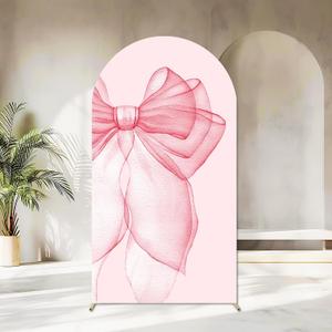 Sensfun Pink Bow Arch Backdrop Cover Girls Coquette Birthday Decorations,2-Sided Pastel Pink Bowknot Chiara Backdrop Arch Covers for Princess Wedding Bridal Baby Shower Bday Party Banner Decor 4x7.2ft
