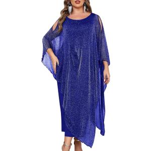 CYCLAMEN Plus Size Sparkly Formal Dress Maxi Long Cape Overlay Wedding Guest Cocktail Mother of Bride Outfit Evening Gown, Royal Blue, 3X